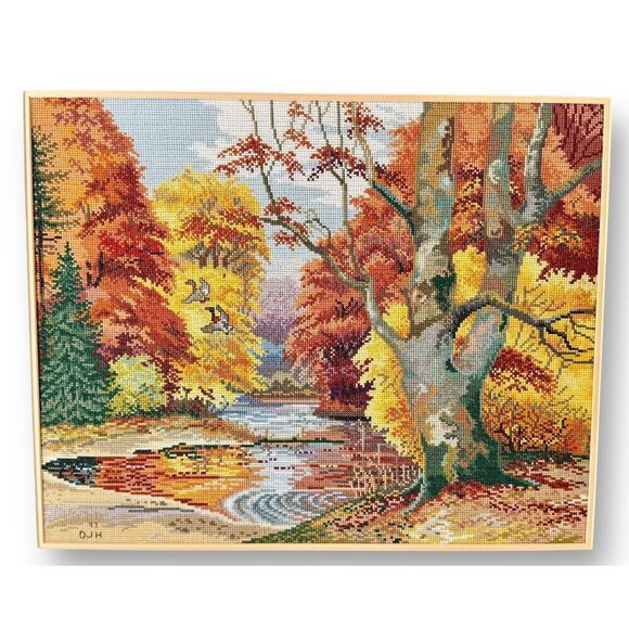 1997 Vintage Embroidered Picture Forest Lake Art With Wooden Frame 30" L x 25" H - Picture 4 of 16